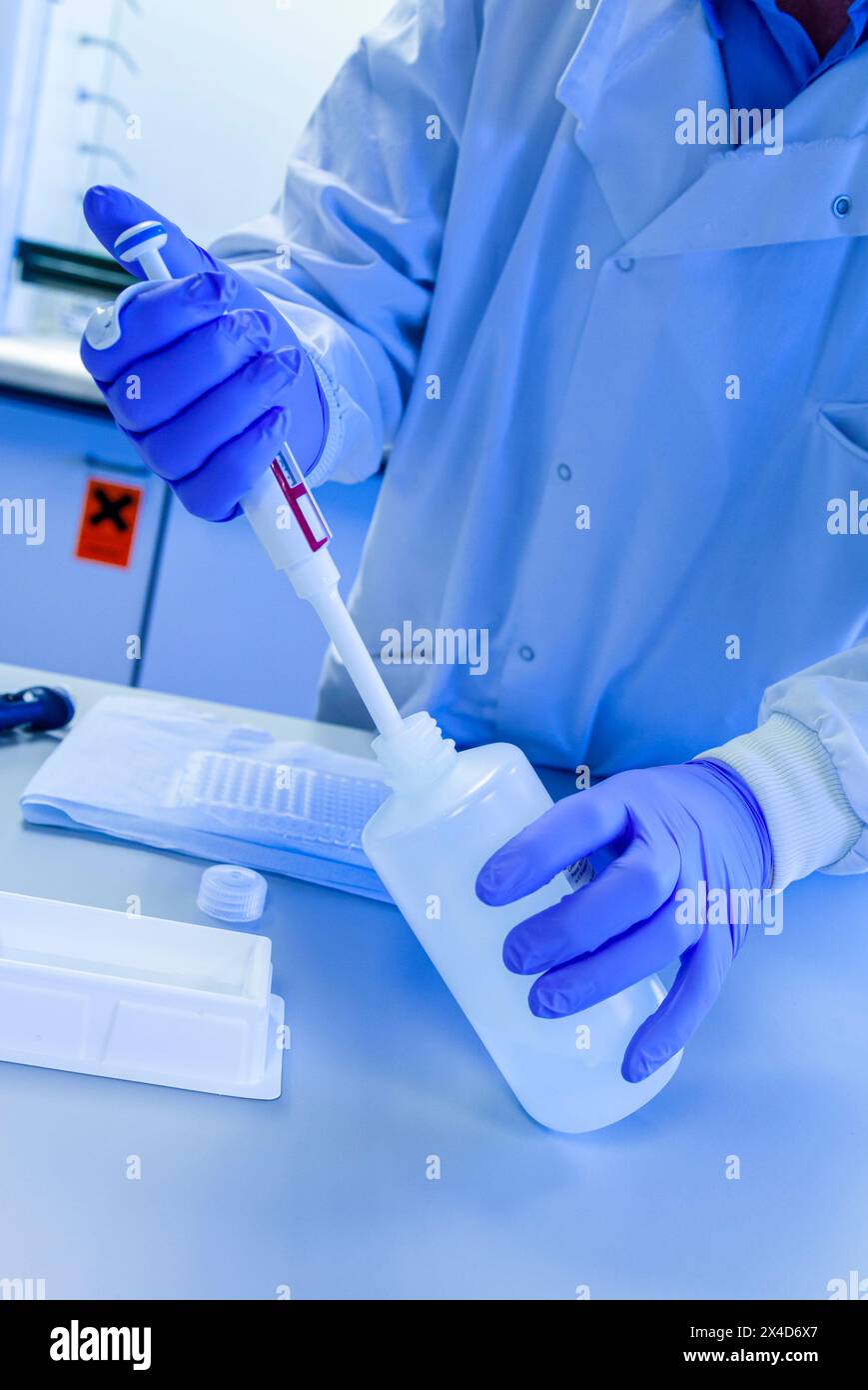 Nahaufnahme einer Person in einem wissenschaftlichen Labor mit Gummihandschuhen während der Arbeit mit Proben während eines Versuchsverfahrens. Stockfoto