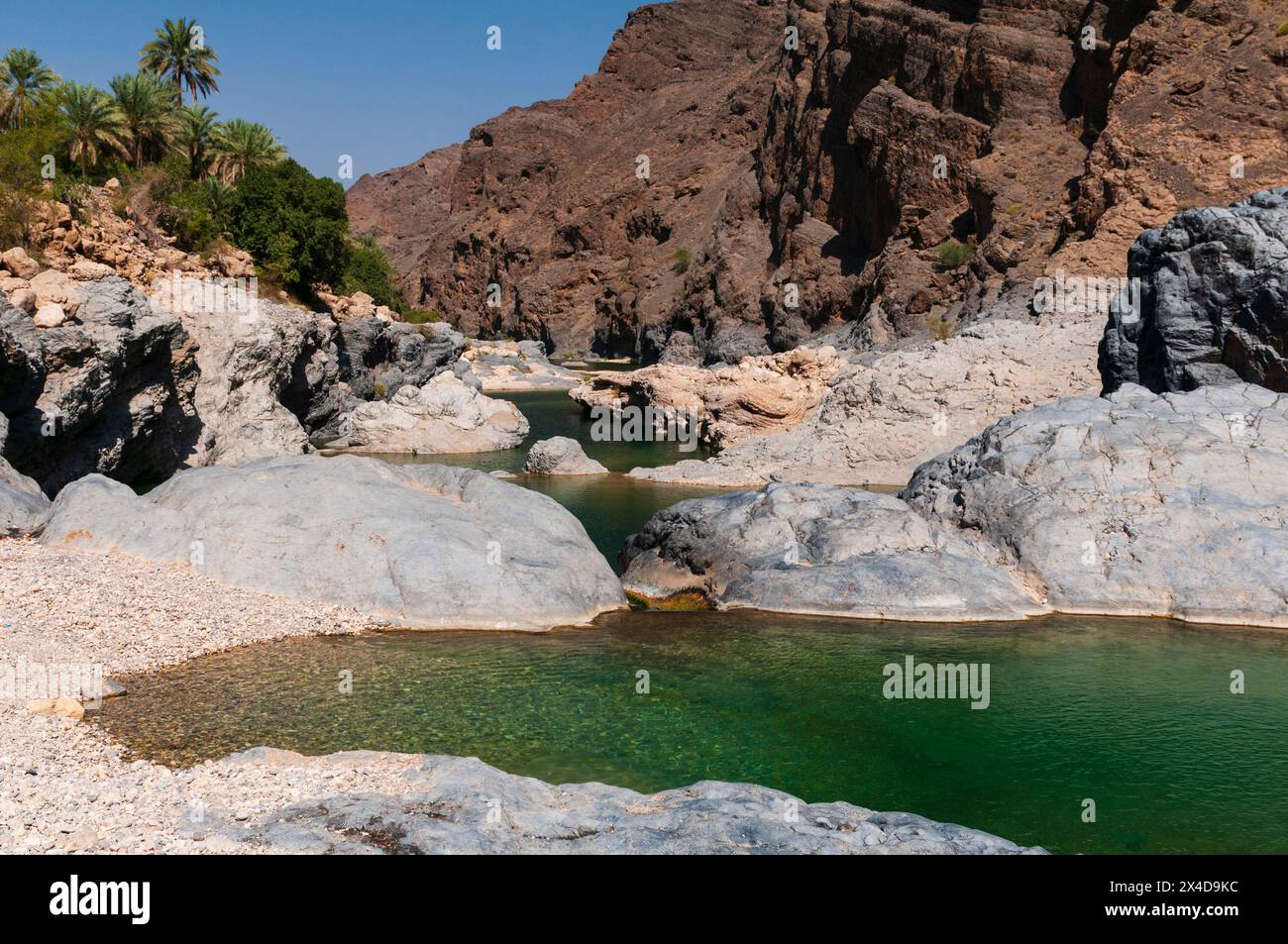 Ein natürlicher Pool im Wadi Al Arbieen, am Fuße der Wüstenberge. Wadi Al Arbeien, Oman. Stockfoto