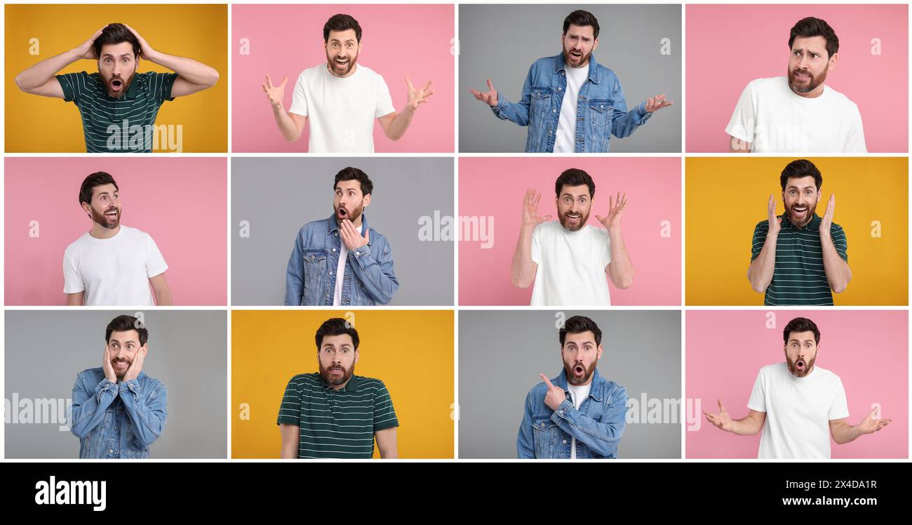 Collage mit Fotos von überraschtem Mann auf verschiedenfarbigem Hintergrund Stockfoto