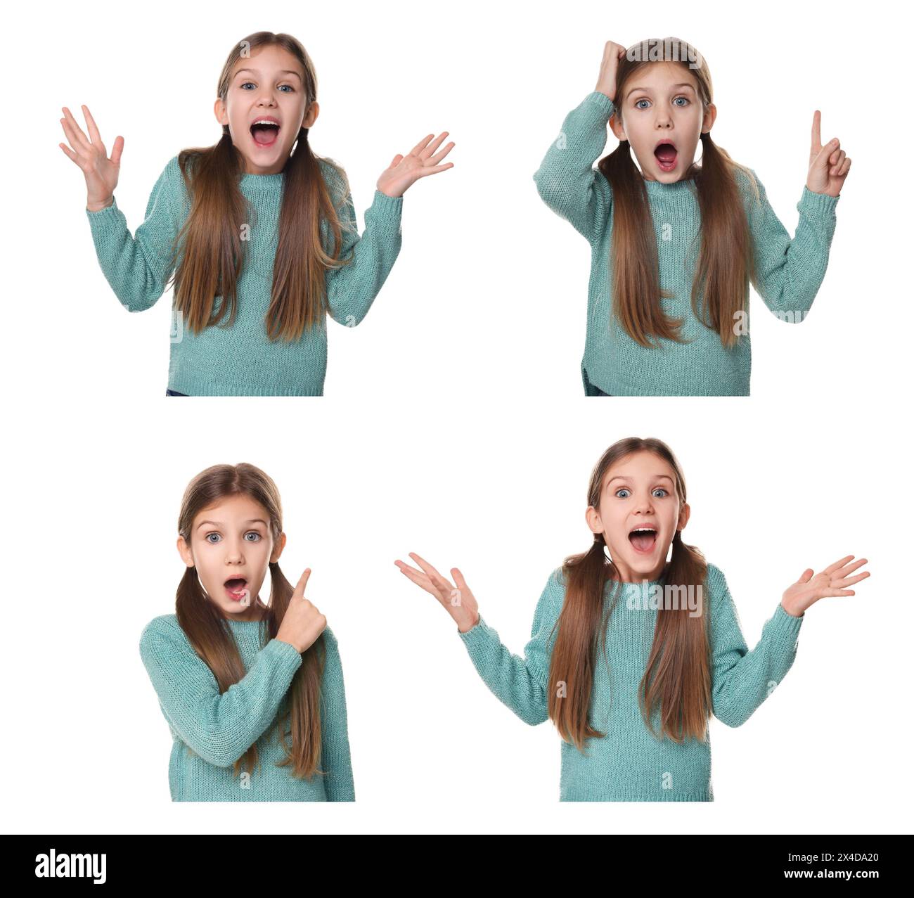 Überraschtes Mädchen auf weißem Hintergrund, Collage von Fotos Stockfoto