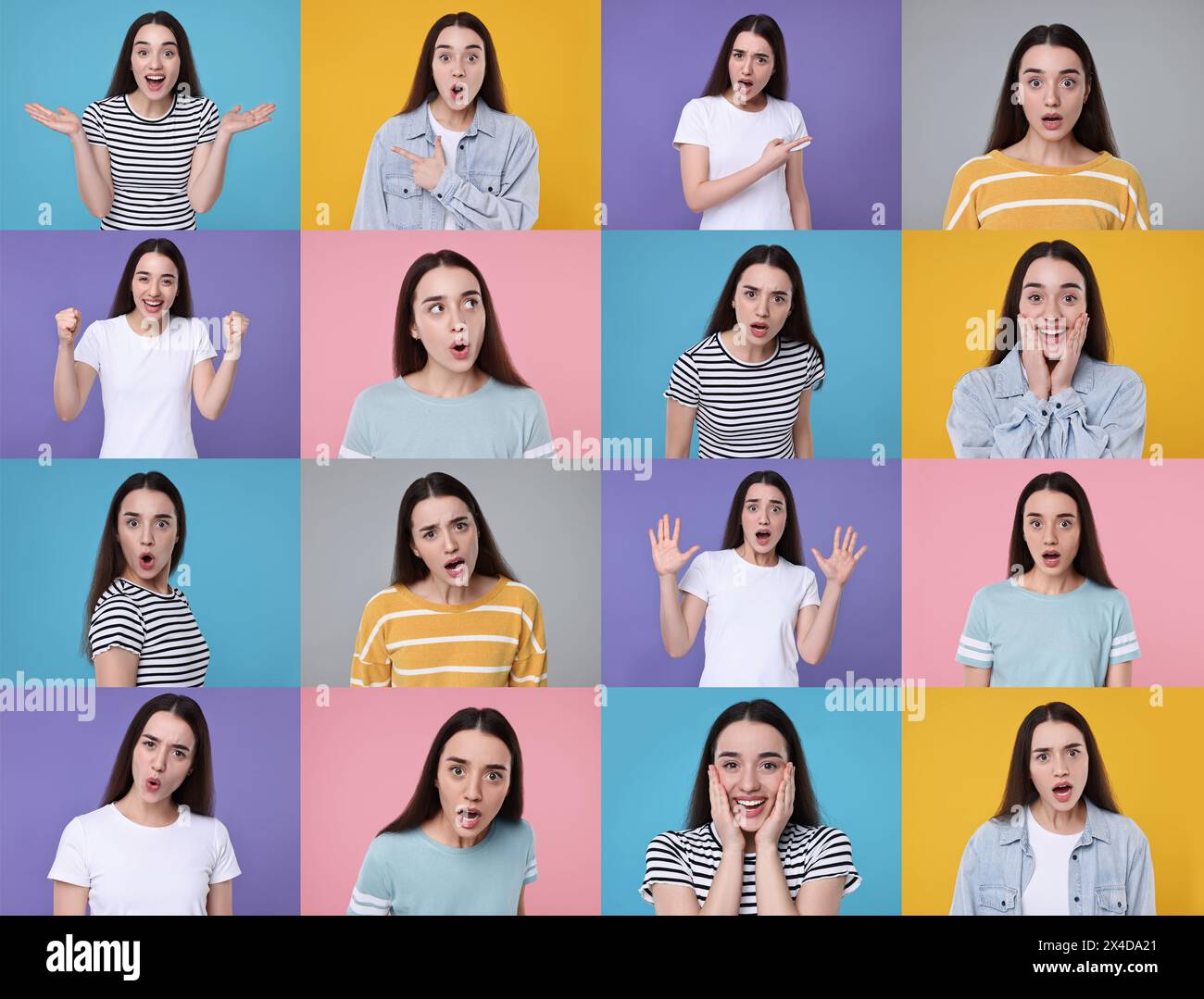 Collage mit Fotos einer überraschten Frau auf verschiedenfarbigem Hintergrund Stockfoto