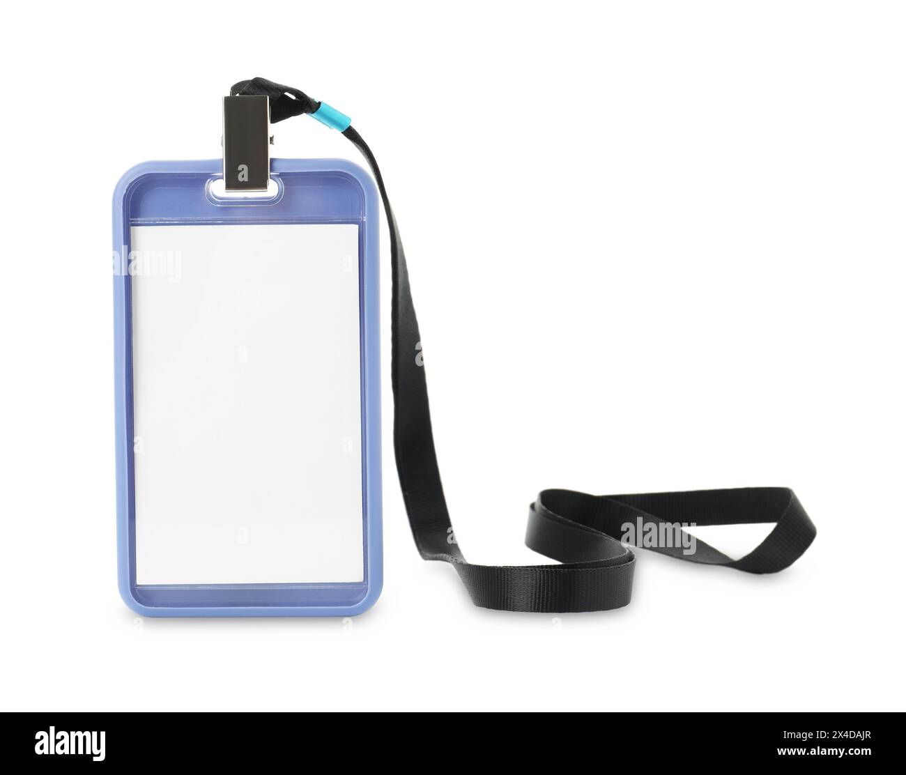 Leeres blaues Abzeichen mit isolierter Schnur auf weiß Stockfoto