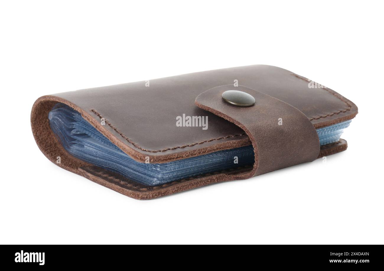 Brauner Visitenkartenhalter isoliert auf weiß Stockfoto