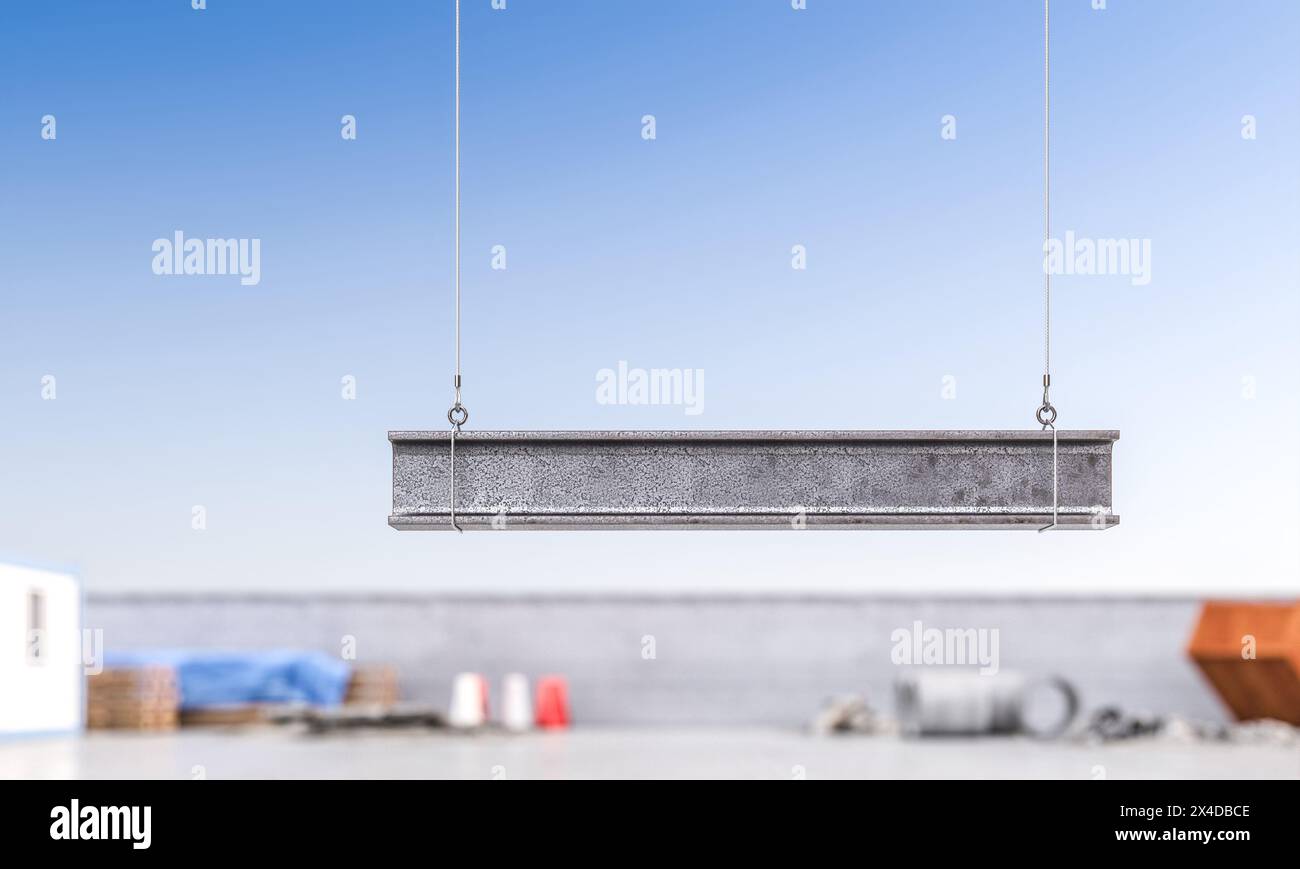 Stahlträger, die an Kabeln auf einer Baustelle hängen Stockfoto