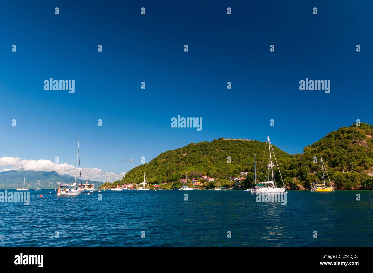 Yachten ankern in einem Hafen vor Petit Bourg, Basse-Terre Island, Iles des Saintes, Guadeloupe, Westindien. Stockfoto