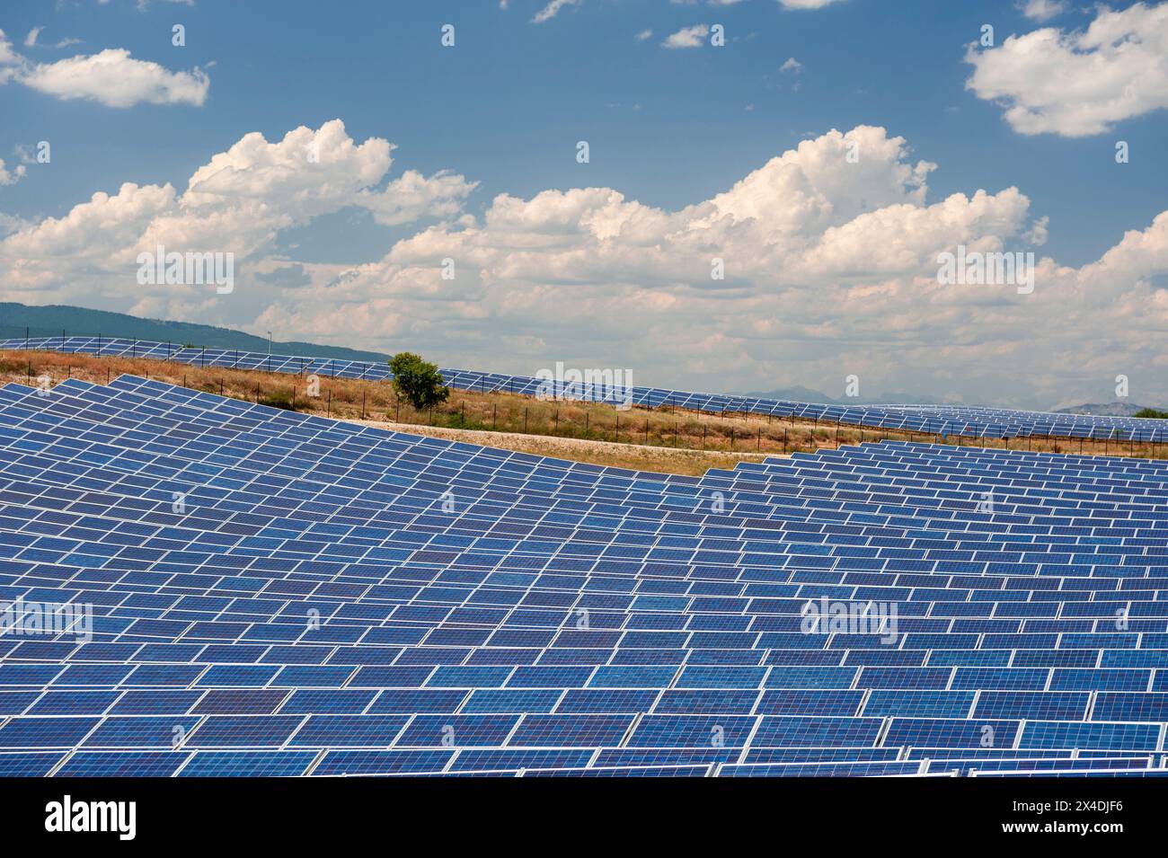 Ein Feld gefüllt mit Sonnenkollektoren in einem Solarkraftwerk. Les Mees, Provence, Frankreich. Stockfoto