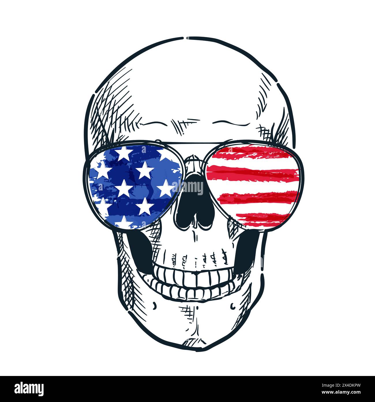 Schädel in den USA Flagge Brillen Hand gezeichnet Aquarell Skizze Illustration isoliert auf weißem Hintergrund. Weihnachtsgrafik, Banner, Poster, Grußkarte Stock Vektor