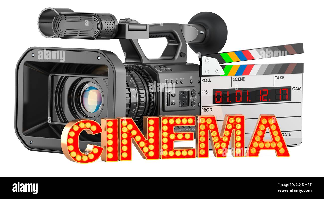 Filmgestaltung oder Filmproduktionskonzept. Professionelle Videokamera und digitale Wandtafel mit Kinoschild aus goldenen Glühbirnenbuchstaben. 3D ren Stockfoto