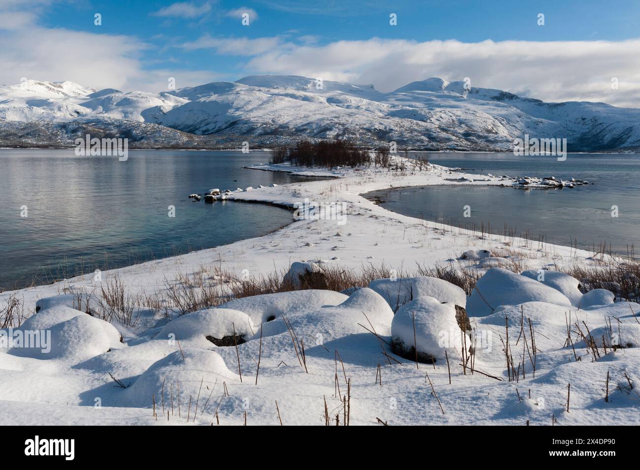 Ein malerischer schneebedeckter Fjord in der Nähe von Lodingen, Lofoten Islands, Nordland, Norwegen. Stockfoto