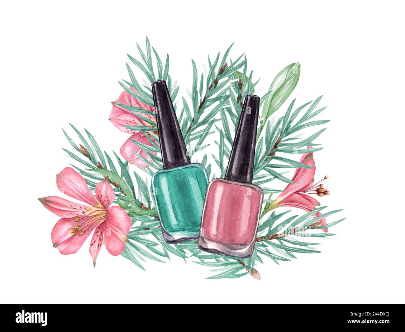 Pastellrosa und grüner nagellack zwischen Blumen und Fichtenzweigen. Glasflasche mit schwarzem Verschluss. Komposition in trendigen Farben für Schönheit, Maniküre. Stockfoto