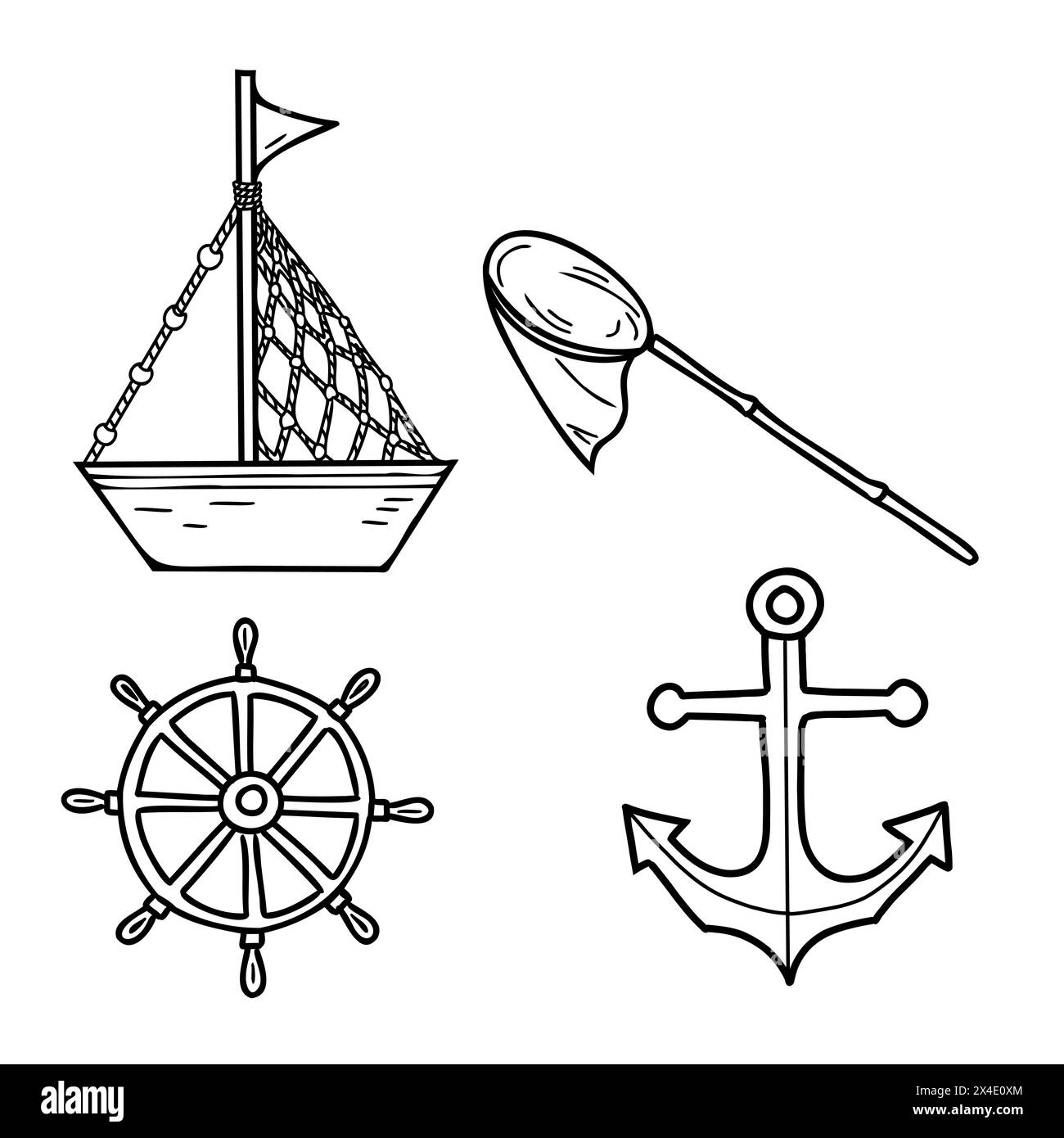 Angelausrüstung für nautische Zwecke. Niedliches Schiff, Boot, Anker, Lenkrad, Fischernetzillustration im Kritzelstil isoliert auf weißem Hintergrund. Stock Vektor
