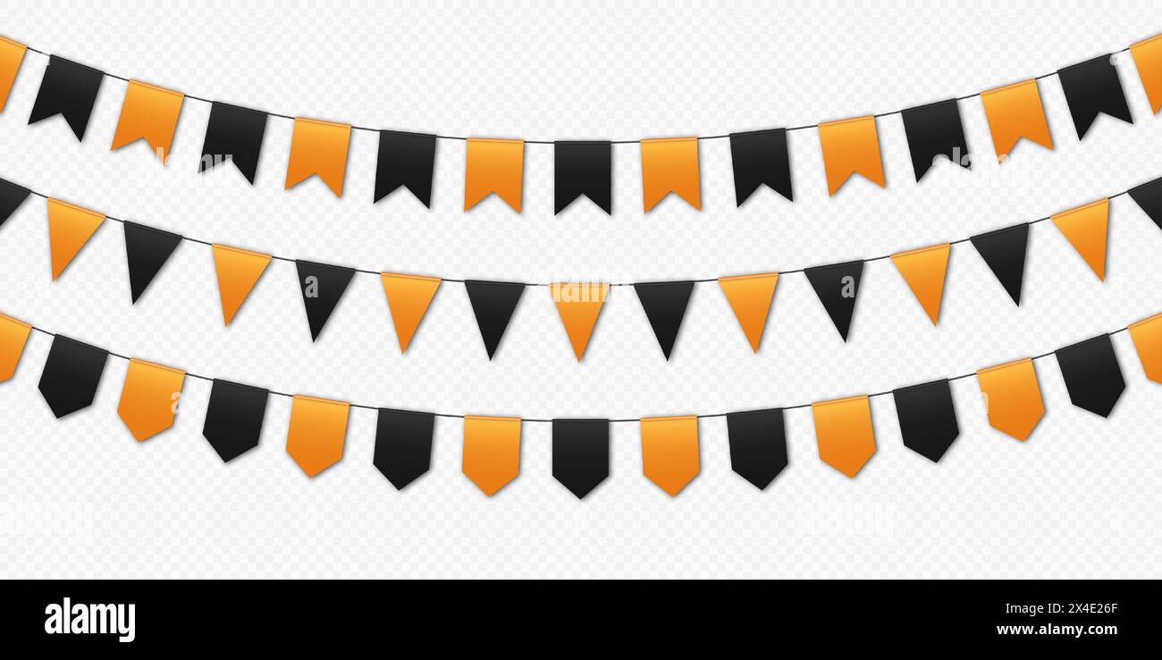 Halloween-Partyflaggen, Flaggengirlande, orange und schwarze Wimpel hängen an einem Seil. Stock Vektor