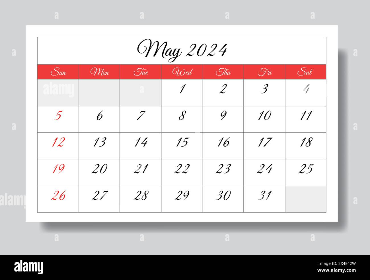 Februar 2024 ENGLISCHER Monatskalender. Vektorgrafik zum Drucken. Monatliche Planung für Ihre Veranstaltungen Stock Vektor