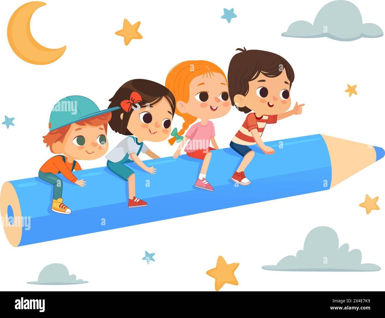 Multikulturelle Kinder fliegen, während sie auf einem Blauen Bleistift sitzen. Wolken und Sterne im Hintergrund. Phantasie- Und Kognitionskonzept Stock Vektor