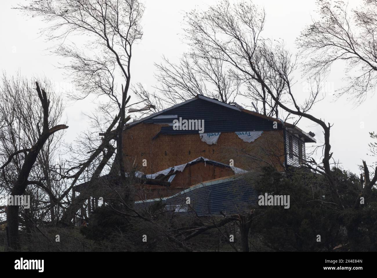 Shelby, USA. April 2024. Am 26. April 2024 fuhr ein starker, gefährlicher Langstrecken-EF3-Tornado durch Shelby, Iowa. Schäden an vielen Häusern und Scheunen. Während dieses Ereignisses wurden keine Todesfälle gemeldet. (Foto: Scott Schilke/SIPA USA) Credit: SIPA USA/Alamy Live News Stockfoto