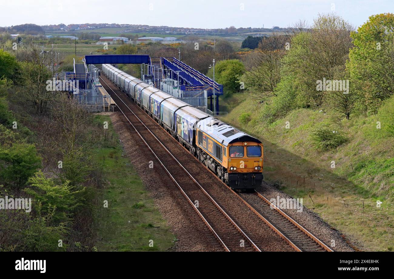 Die GBRF-Lokomotive Nr. 66750 passiert den Bahnhof Horden an der Nordostküste, mit einer weiteren Ladung importierter Biomasse für das Kraftwerk Drax. Stockfoto