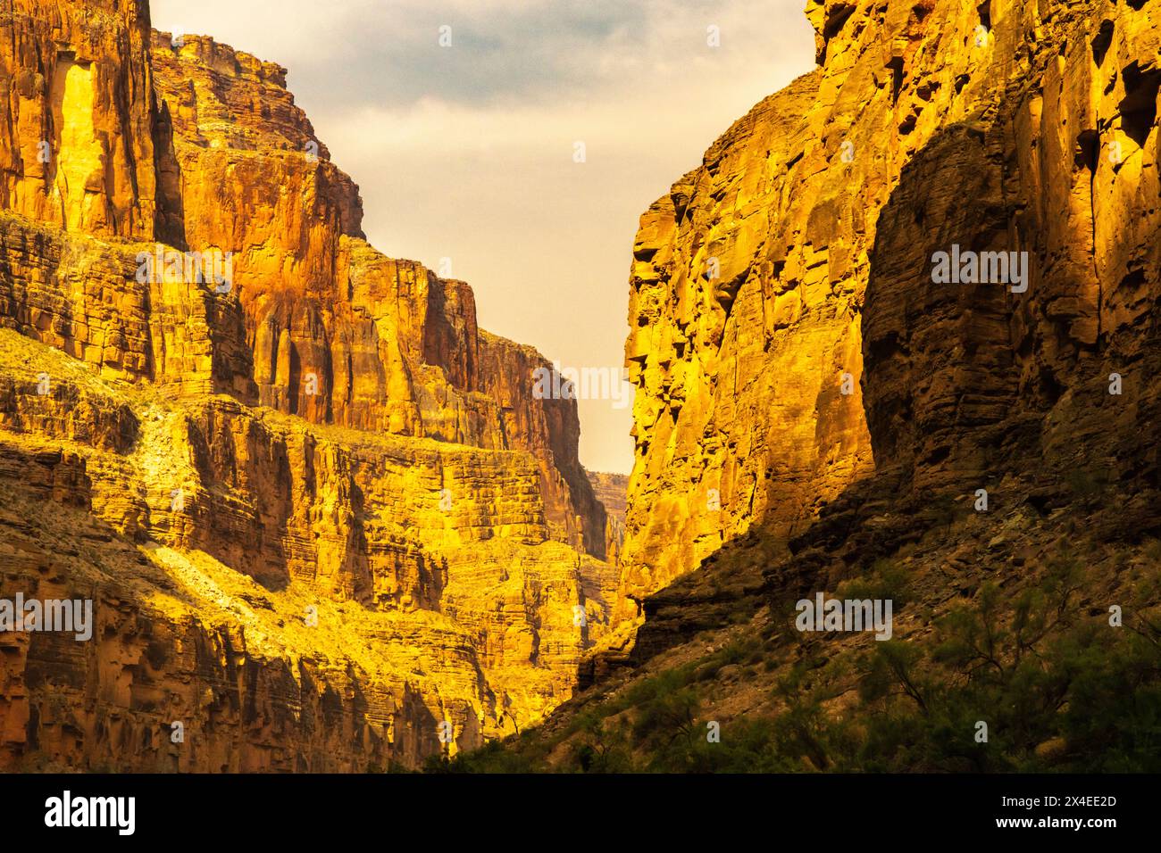 USA, Arizona, Grand Canyon Nationalpark. Canyon Klippen und rauchiger Himmel. Stockfoto
