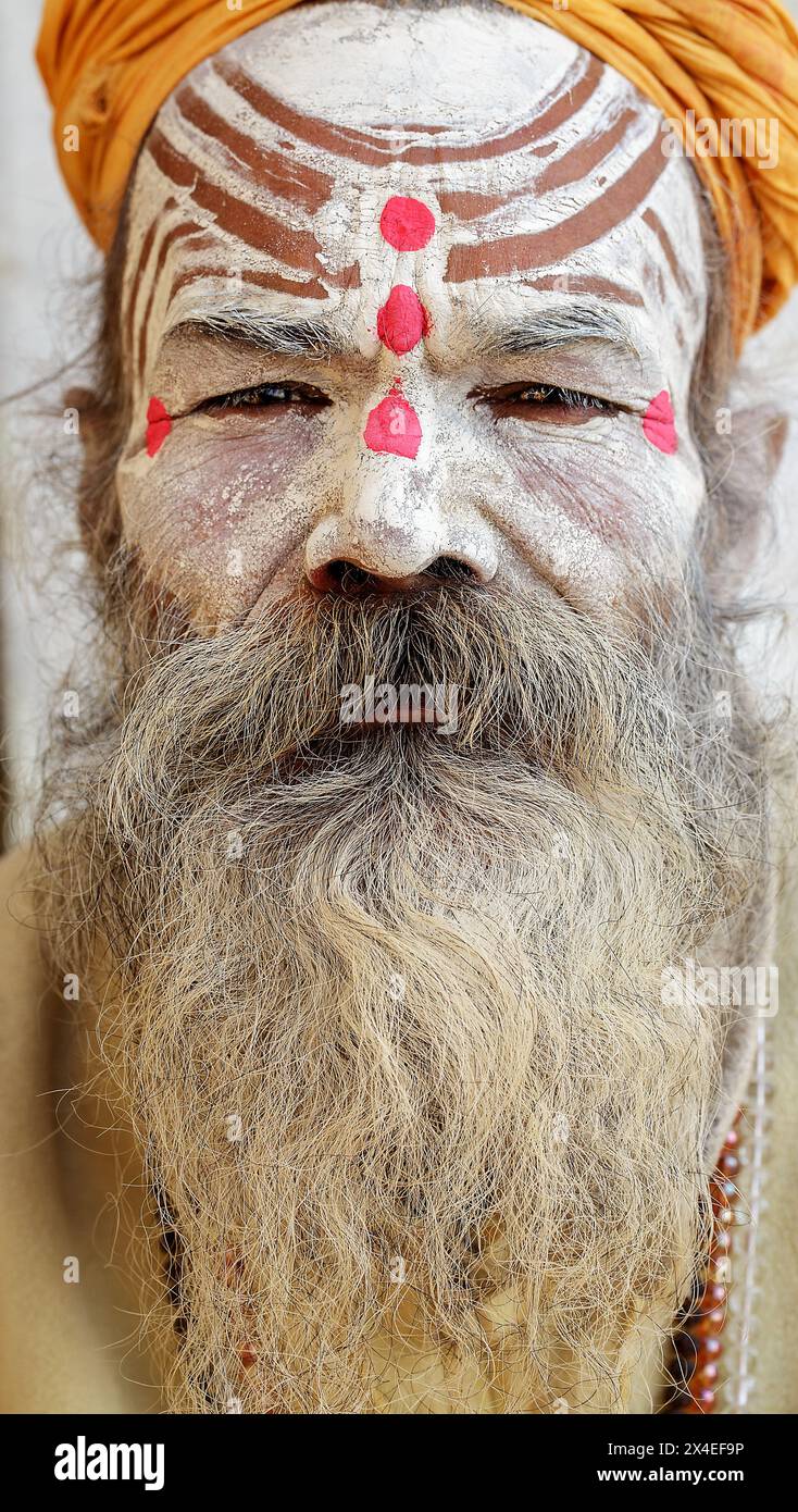 Porträt eines älteren Sadhu oder spirituellen Aspiranten in Varanasi, Indien. Stockfoto