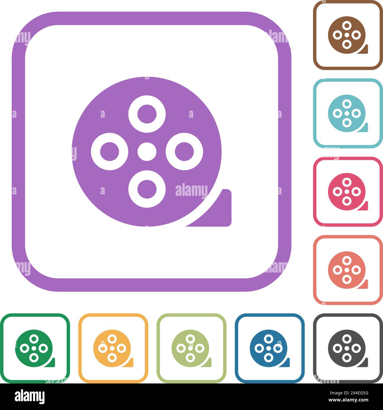 Filmrolle mit einfachen Symbolen in farbigen gerundeten quadratischen Rahmen auf weißem Hintergrund Stock Vektor