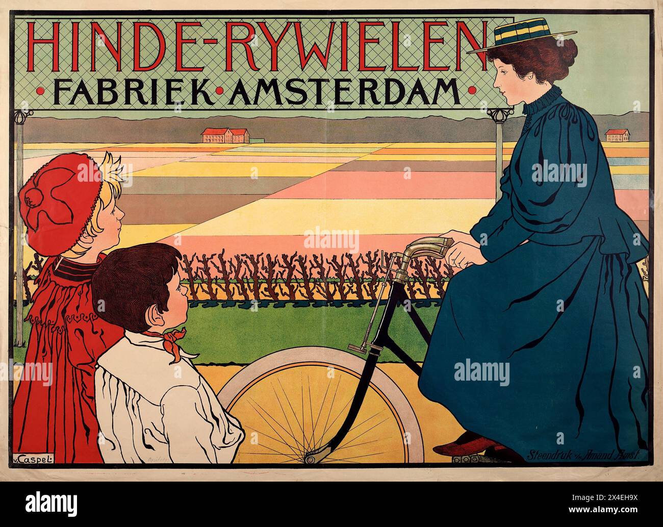 Niederländisches Vintage-Werbeplakat: Hinde-Rijwielen Fahrradfabrik Amsterdam von Johann Georg van Caspel, 1890er Jahre zeigt eine alte Frau auf einem Fahrrad, auf die zwei Kinder in niederländischer Landschaft blicken Stockfoto