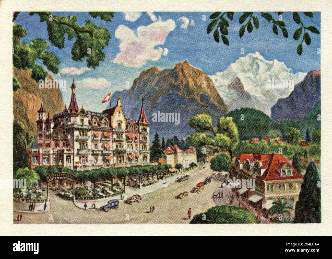 Vintage schweizer Illustration, das Interlaken Hotel Bernerhof 1930er Jahre Stockfoto