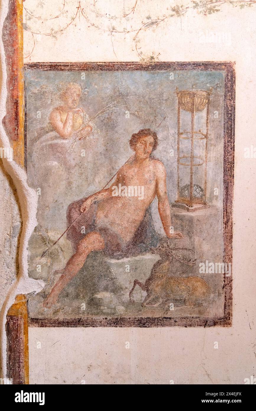 Pompeji Gemälde oder Fresko, Casa Vettii oder Haus der Vettii Villa, Cyparissus, Liebhaber von Apollo. Römische Zivilisation, Pompeji Ruinen, Pompeji Italien. Stockfoto