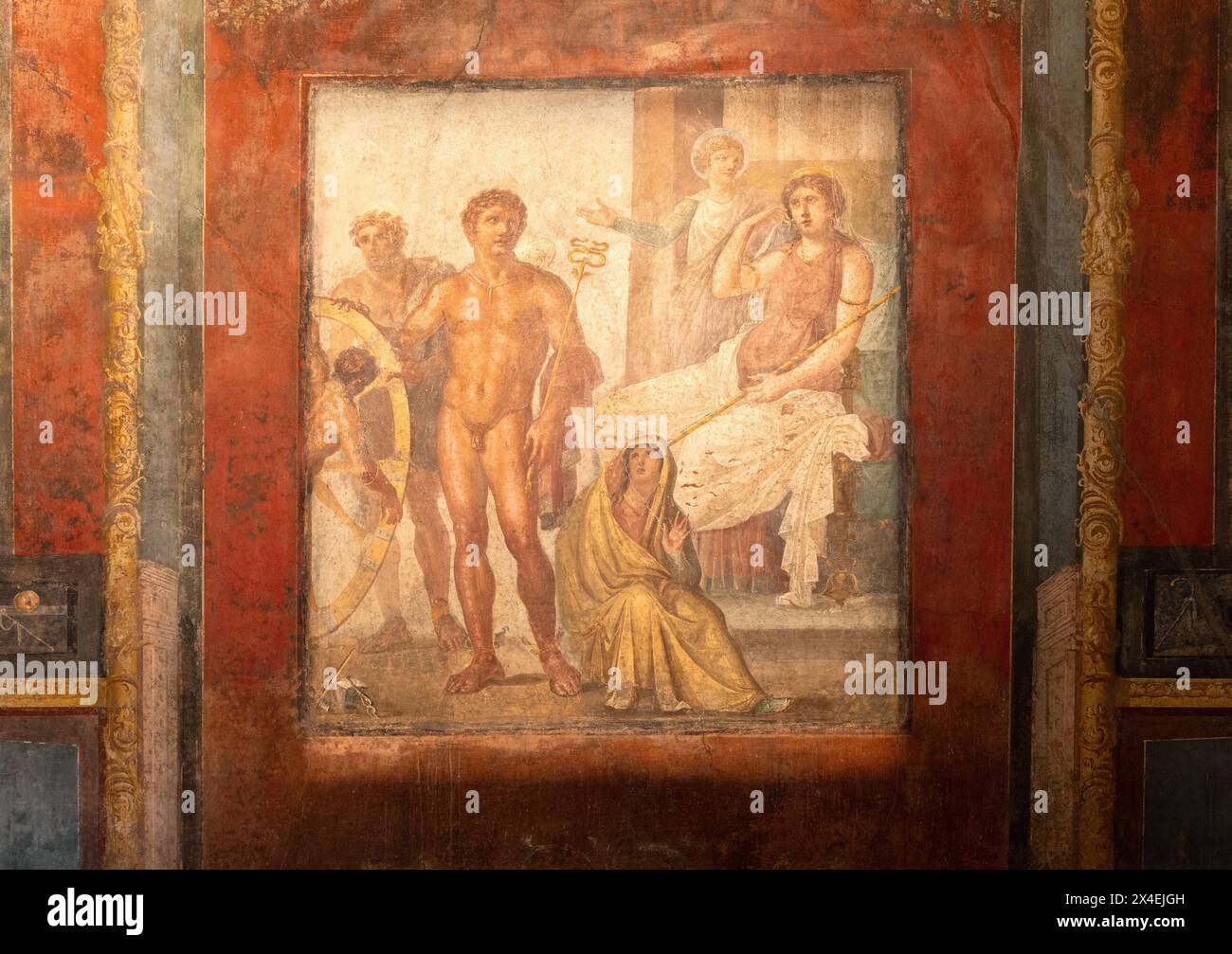 Fresko Pompeji; „die Bestrafung von Ixion“, im Haus der Vettii; antike römische Wandmalerei aus dem 1. Jahrhundert v. Chr., römische Zivilisation, Italien Stockfoto