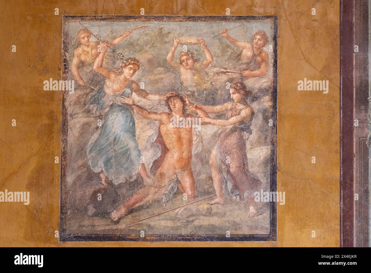 Fresko Pompeji; „der Tod von Pentheus“, im Haus der Vettii, Pompeji Italien, UNESCO-Weltkulturerbe. Altes römisches Gemälde aus Pompeji. Stockfoto