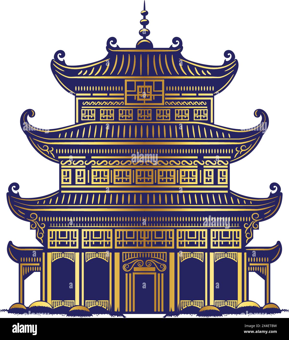 Chinesisches Pagode-Vektorelement mit blauem und goldenem Farbdesign Stock Vektor
