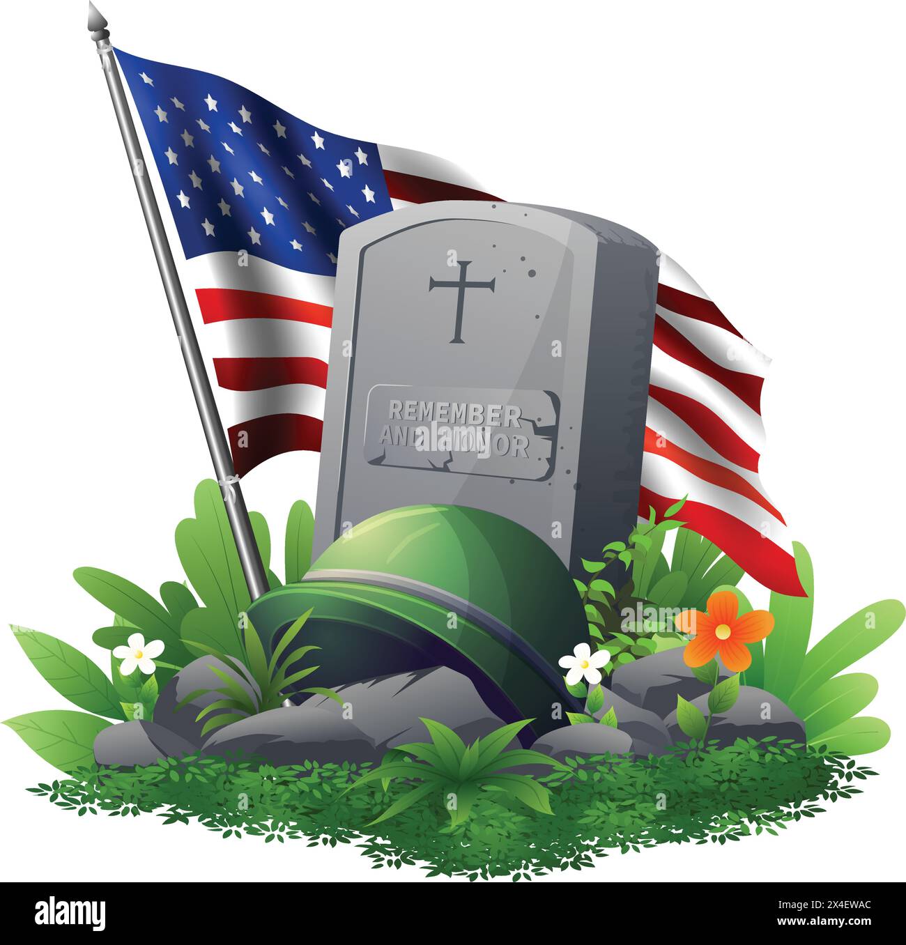 Memorial Day oder Veterans Day Konzept, Begräbnis mit Grabsteinen und Illustration der USA-Flagge Stock Vektor