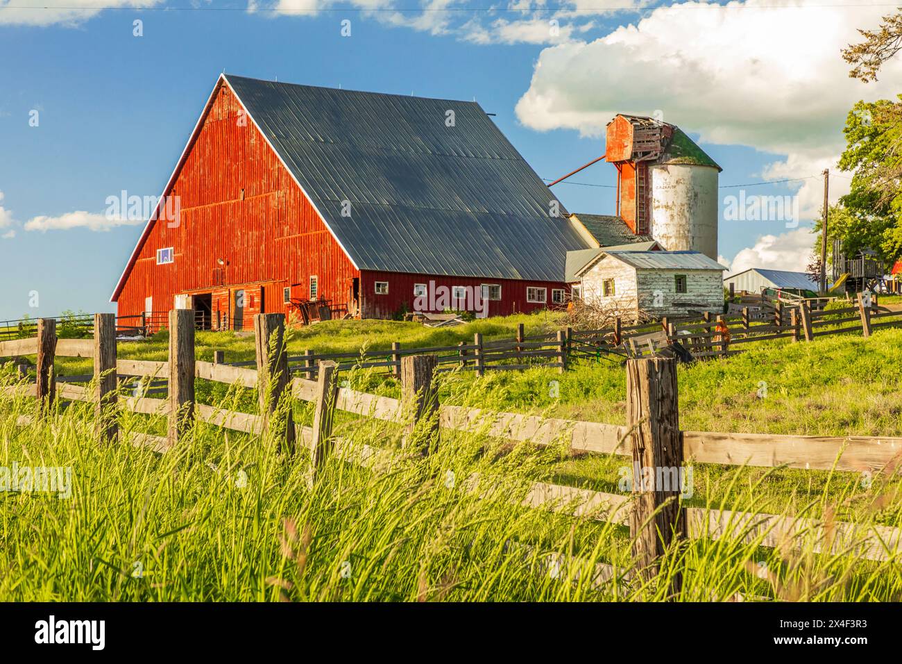 USA, Washington State, Garfield, Palouse. Rote Scheune, blauer Himmel, weiße Wolken. (Nur Für Redaktionelle Zwecke) Stockfoto