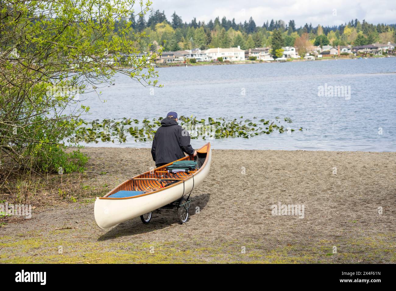 Issaquah, Bundesstaat Washington, USA. Ein Mann zieht sein Kanu auf einem Dolly, um es zum Sammamish-See zu transportieren. HERR) Stockfoto