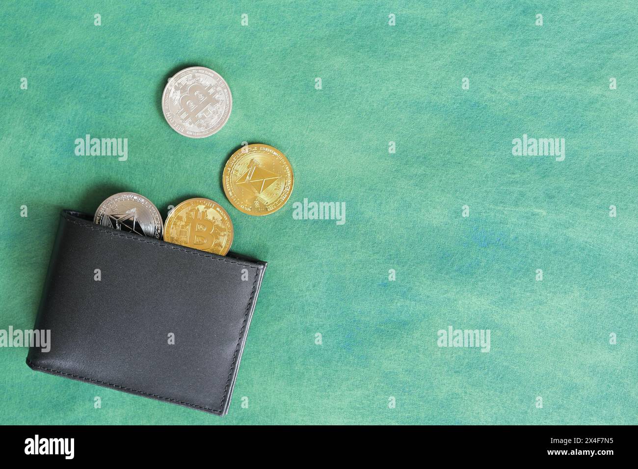 Menschliche Hand, die schwarze Brieftasche mit Kryptomünzen hält. Kryptowährung für Zahlungskonzept. Stockfoto
