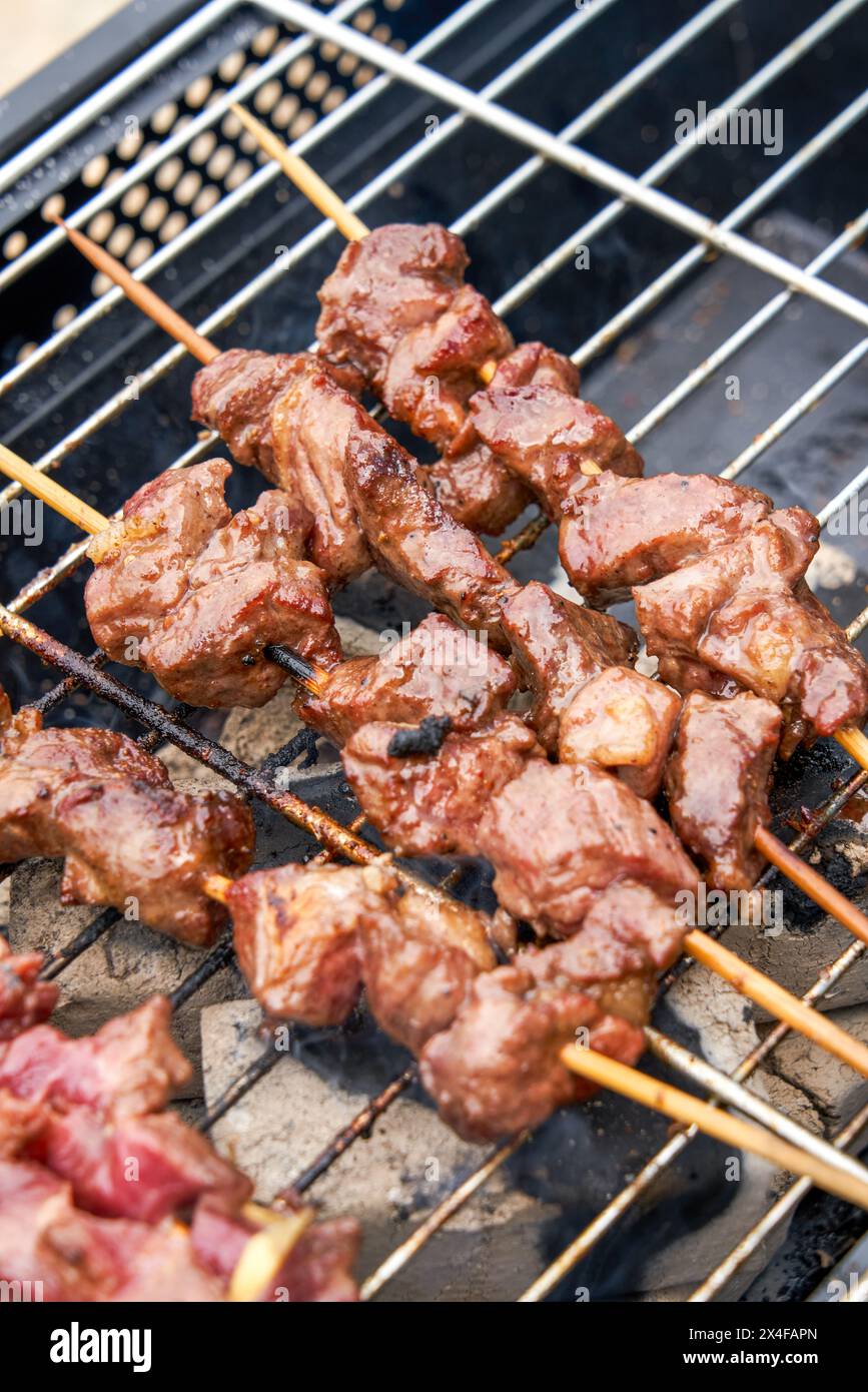 Köstliche Holzkohle gegrillte Lammkebabs Stockfoto