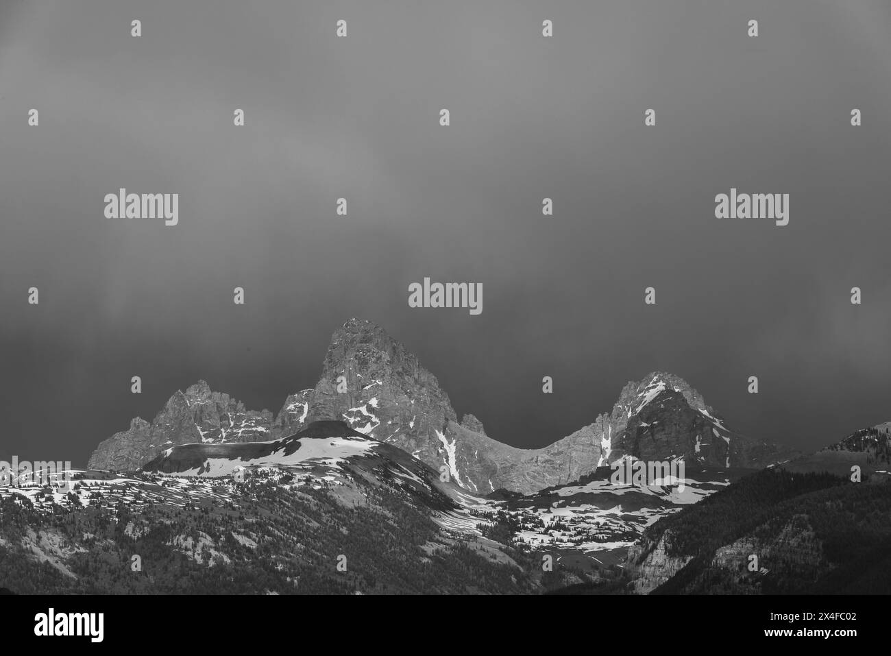 USA, Wyoming. Schwarz-weiße Landschaft der Grand Tetons aus dem Westen, in der Nähe von Driggs, Idaho und Jackson Hole. Stockfoto
