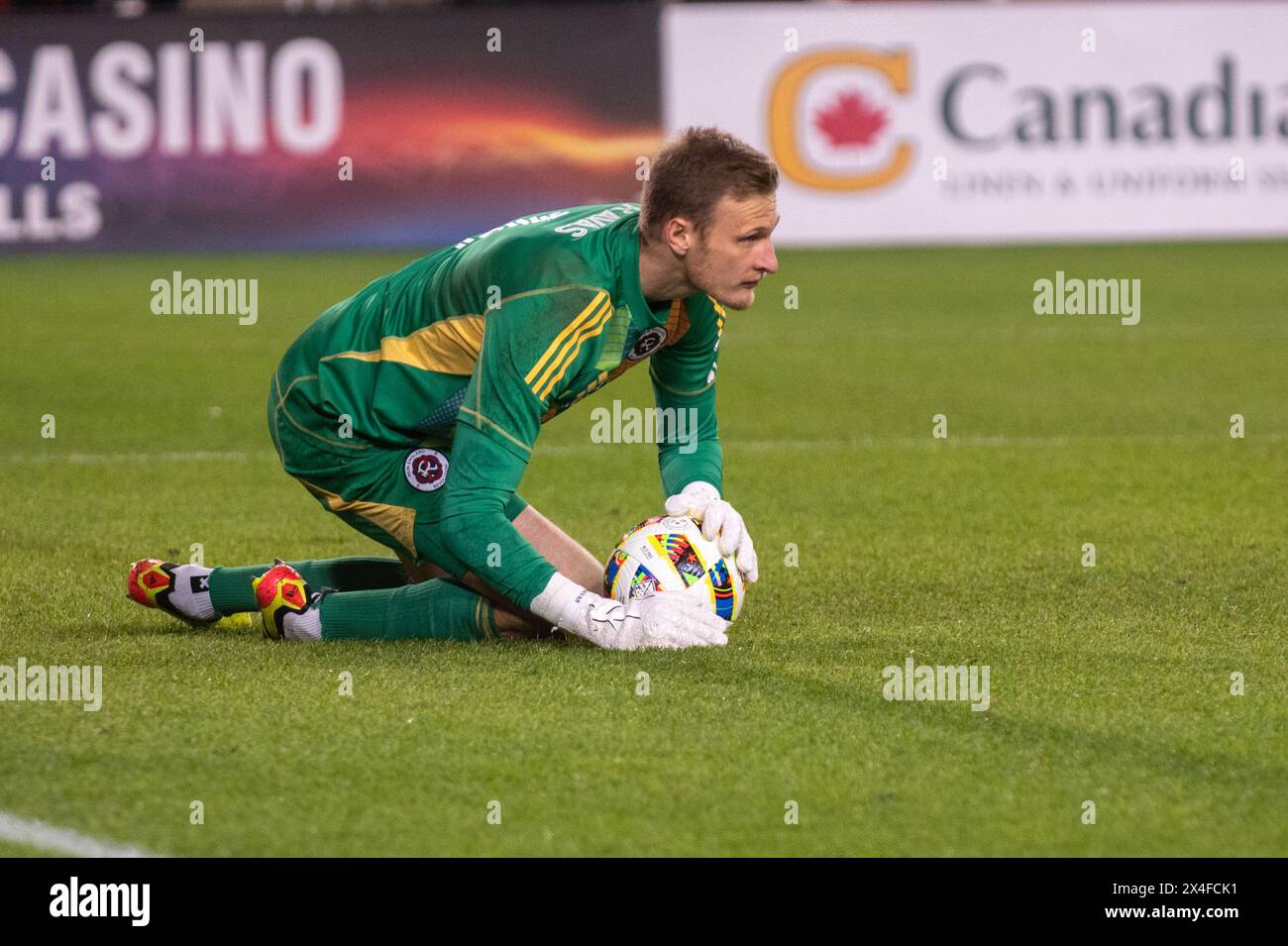Toronto, ON, Kanada - 20. April 2024: Während des regulären Saisonspiels zwischen Toronto FC (Kanada) und New England Revolution (USA) im BMO Field Stockfoto