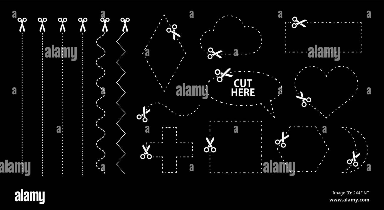 Schere mit Schnittlinien. Vektorsammlung verschiedener geometrischer Formen mit gestrichelten Strichen und Schere, die das Papier nach verschiedenen Formen schneidet Stock Vektor