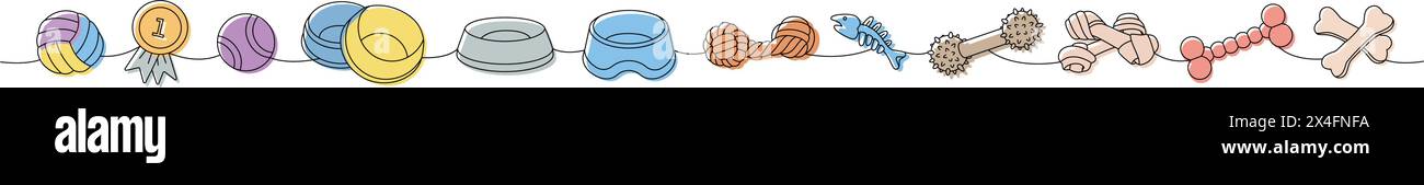 Haustierbedarf. Ballspielzeug, Medaille für den ersten Platz, Tennisball, Tierspielzeug, Kauspielzeug für Hunde, Fischknochenskelett, Hundeschlepper, Knochen durchgehend eine Linie Illustration. Stock Vektor