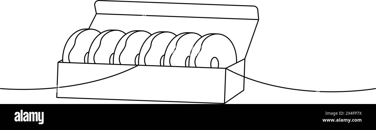 Glasierte Donuts in Karton, eine Linie, fortlaufende Zeichnung. Bäckerei, süßes Gebäck. Lineare Vektordarstellung. Stock Vektor