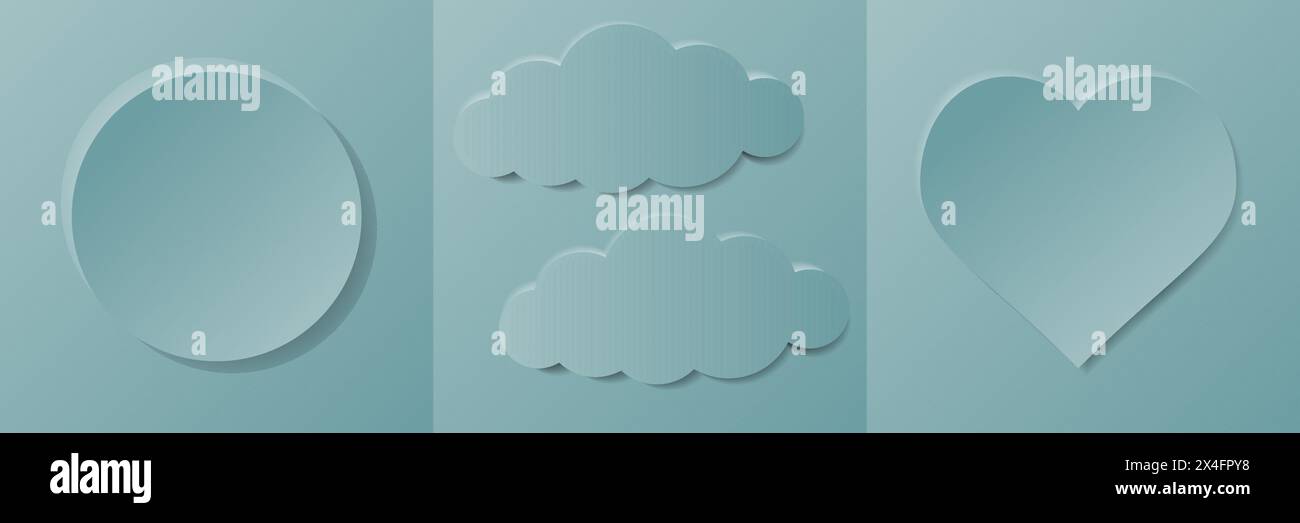 Set aus ästhetischem, pastellfarbenem blauem Hintergrund mit Kreis, Herz und Wolken in minimalistischem Design Stock Vektor