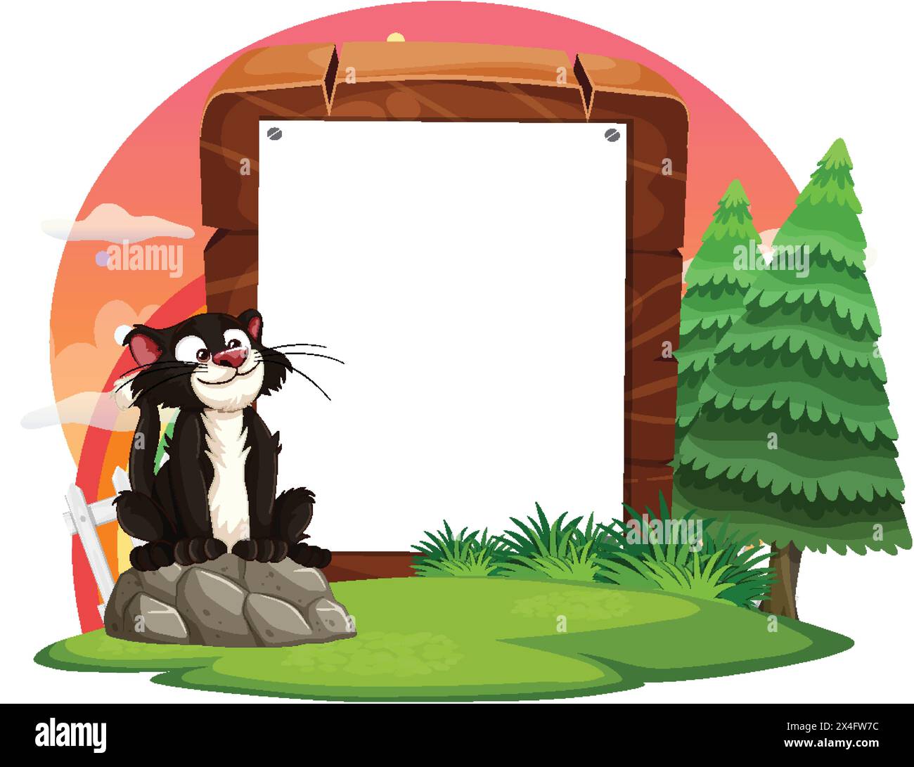 Cartoon Stinktier sitzt an einem Holzrahmen. Stock Vektor