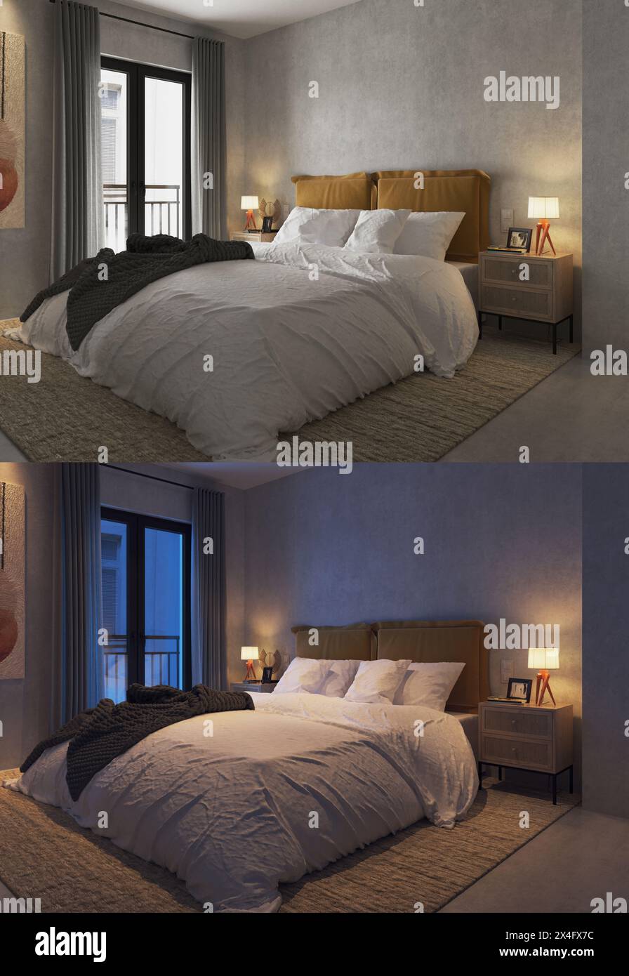 3D-Illustration eines Schlafzimmerinnenraums bei Tag und Nacht Stockfoto