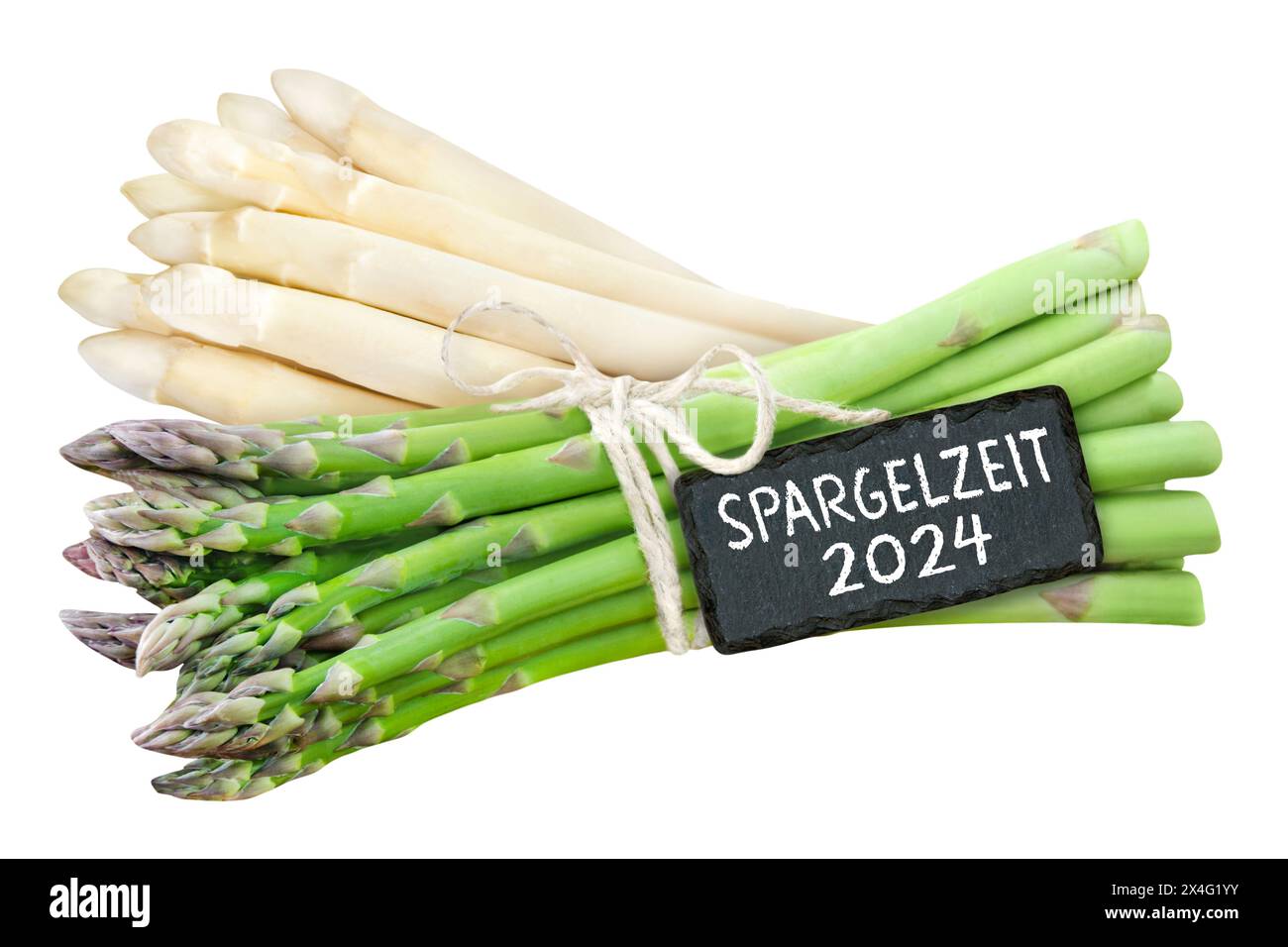 Deutsches Label Spargel Staffel 2024 isoliert auf weißem Hintergrund Stockfoto