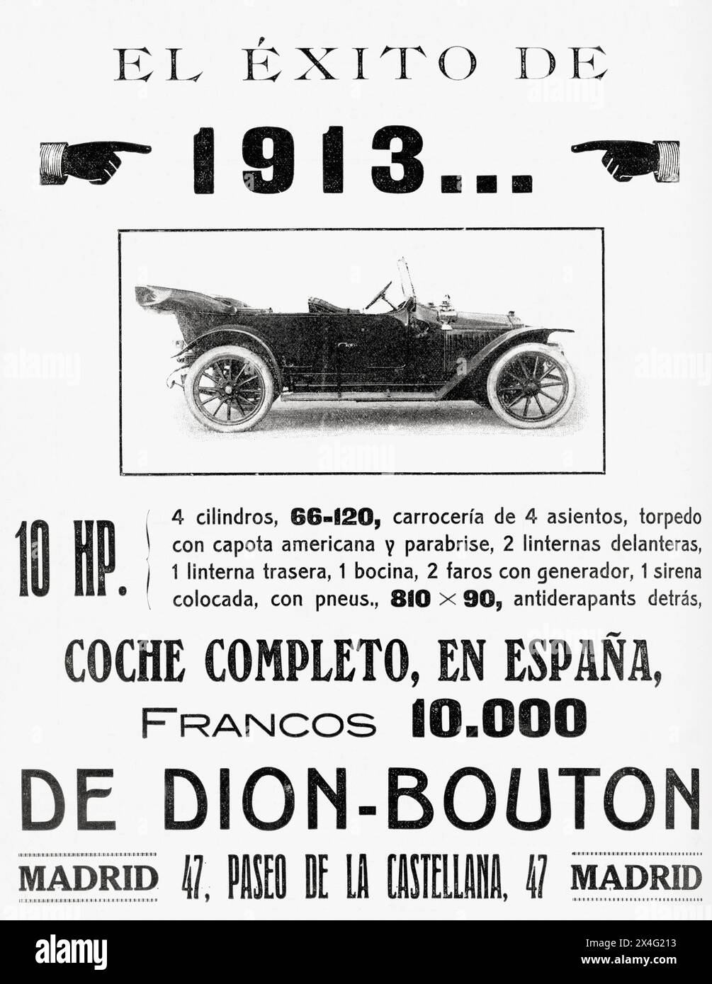 Spanische Werbung für einen de Dion-Bouton-Wagen. Aus Mundo Grafico, veröffentlicht 1912. Stockfoto