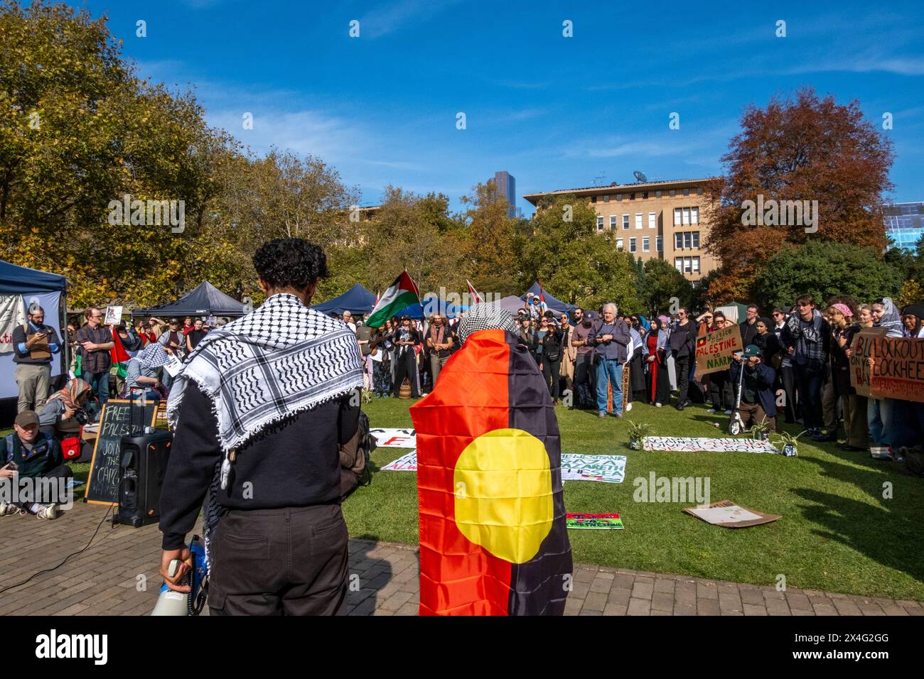 Pro-palästinensische Demonstranten auf dem Campus der Melbourne University. Melbourne, Victoria, Australien. Stockfoto