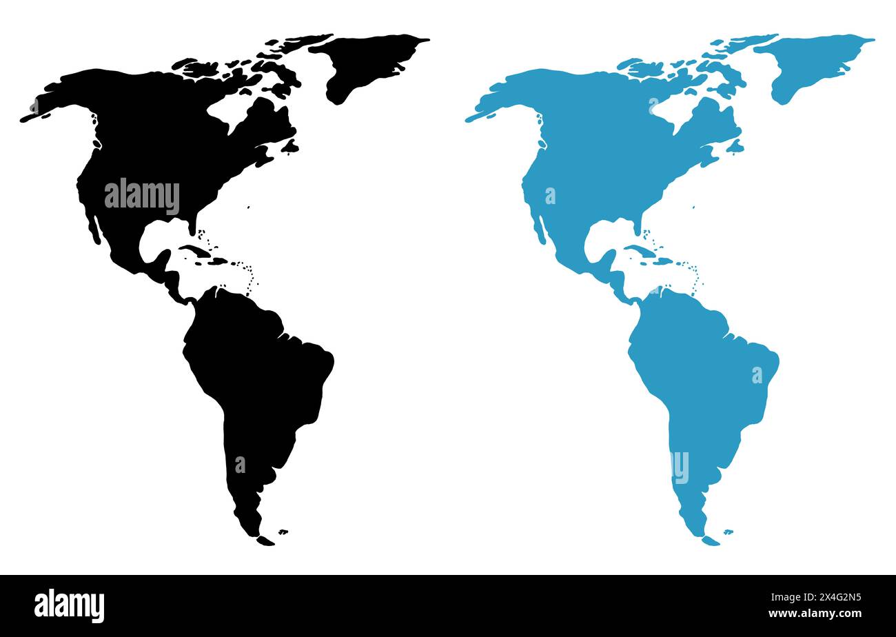 Schwarz-blaue Silhouetten von Süd- und Nordamerika auf weißem Hintergrund. Illustration der Weltkarte mit den amerikanischen Kontinenten. Stockfoto