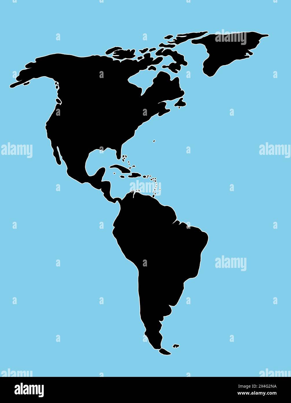 Schwarze Silhouette von Süd- und Nordamerika auf weißem Hintergrund. Illustration der Weltkarte mit den amerikanischen Kontinenten. Stockfoto
