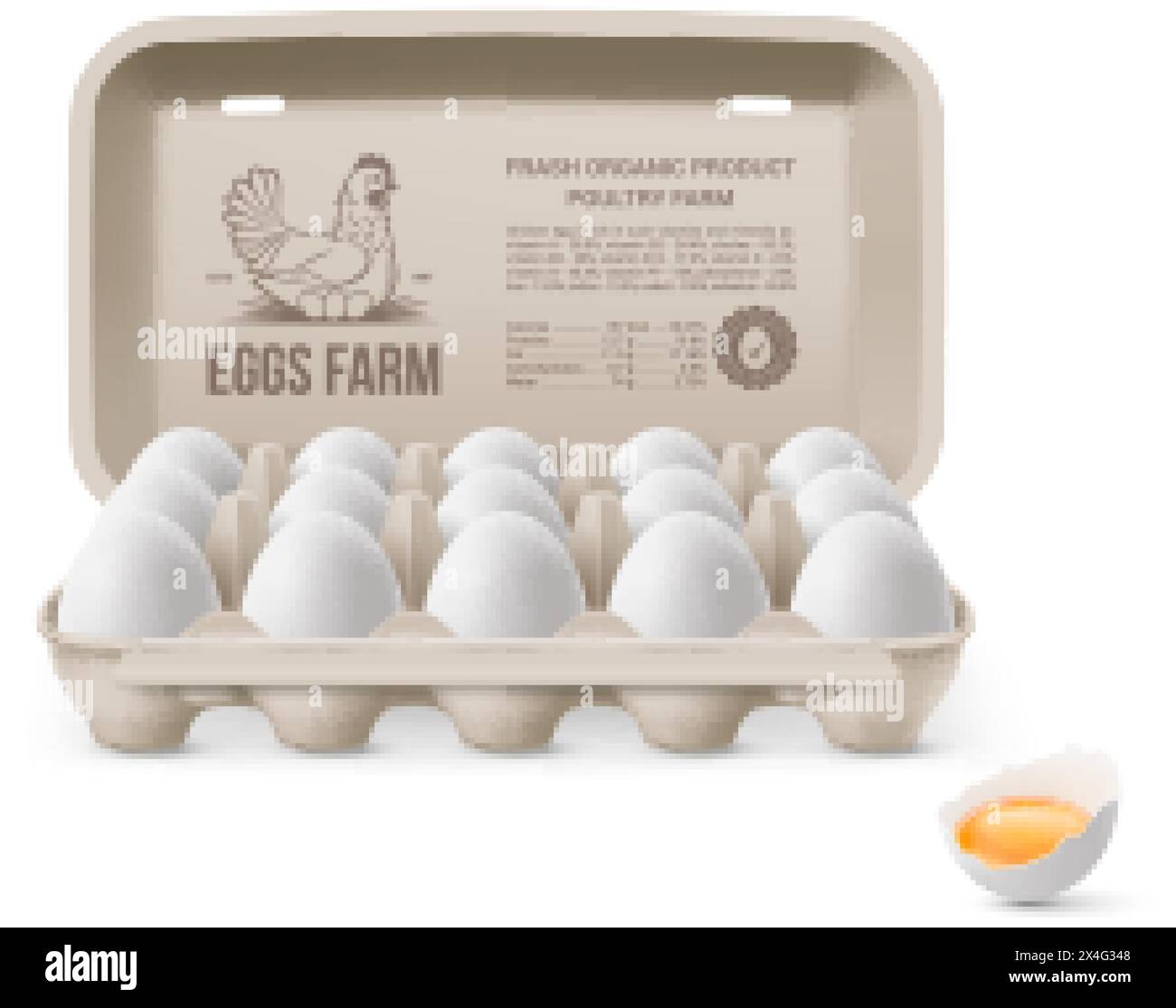Frische organische Hühnereier im offenen Karton oder Eierbehälter isoliert auf weißem Hintergrund. 15 große Eier von Eggs Farm im Markenpaket Stock Vektor