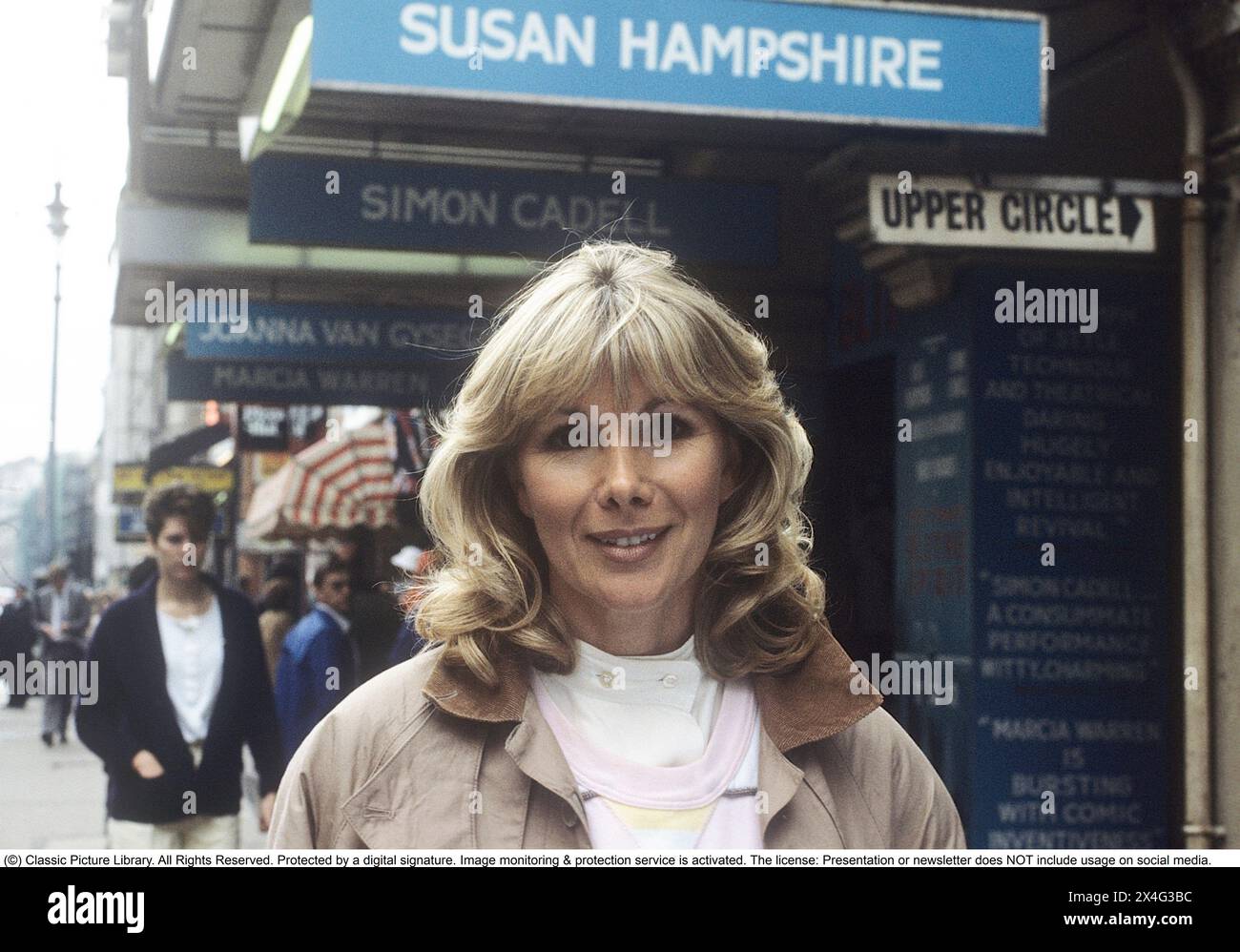 Susan Hampshire. CBE. Englische Schauspielerin, geboren am 12. Mai 1937. Im Zusammenhang mit ihrem Auftritt im Theaterstück Blite Spirit im Vaudeville Theater Strand London 1986. Bekannt wurde Susan Hampshire durch die Hauptrolle in der fernsehserie The Forsyte Saga der BBC, in der sie die Rolle der Fleur spielte. Die Serie wurde ursprünglich in 26 Episoden an samstagabenden mit Beginn vom 7. januar 1967 gezeigt. 1986 Stockfoto