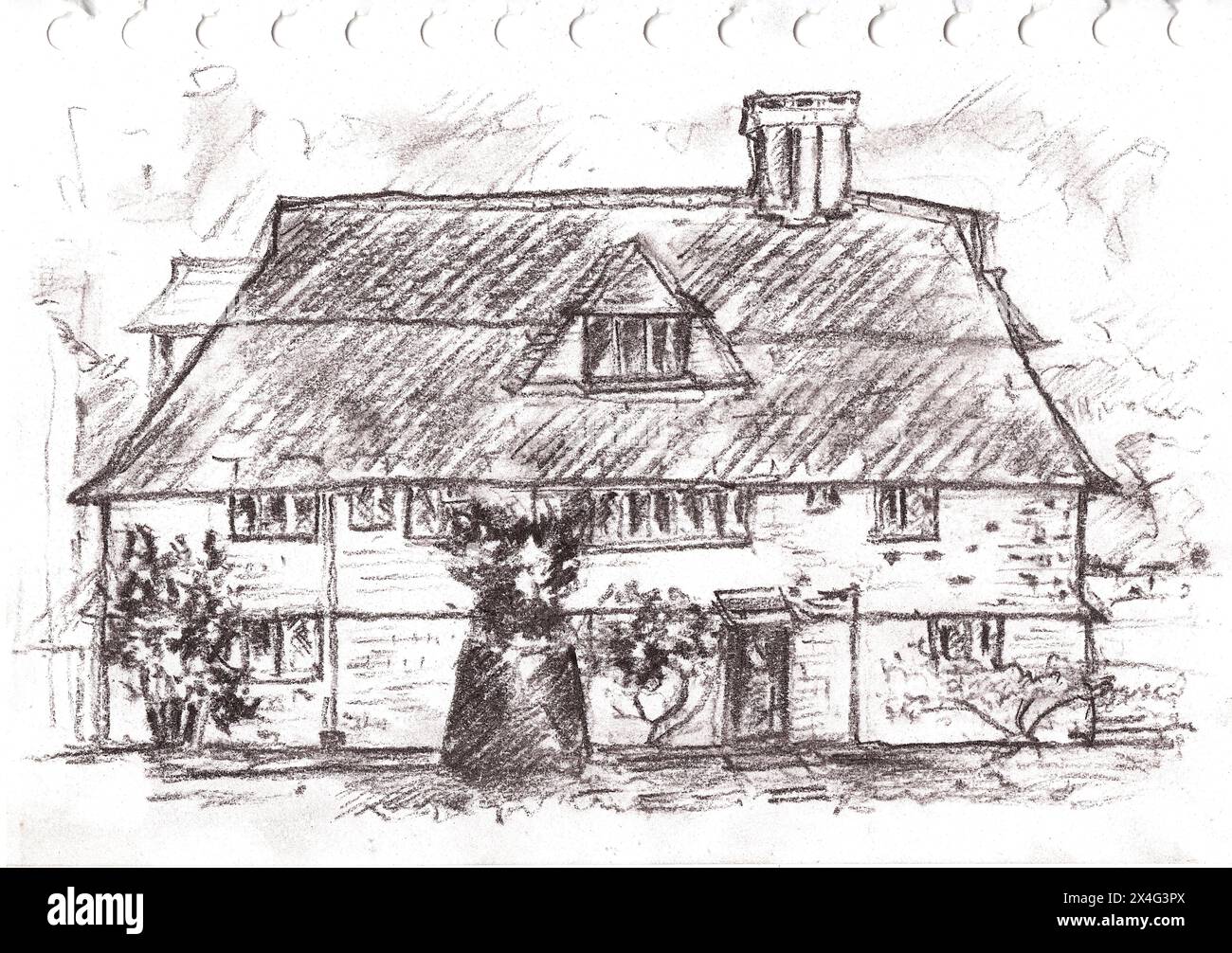Eine Bleistiftzeichnung eines alten Bauernhauses. Stockfoto